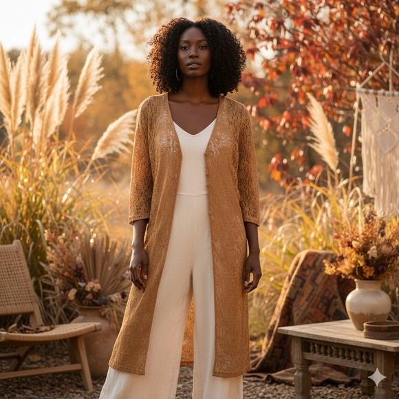 Maurices Sweaters - Maurices Women's Size Large Brown Tan Crochet Button Bohemian Duster Cardigan